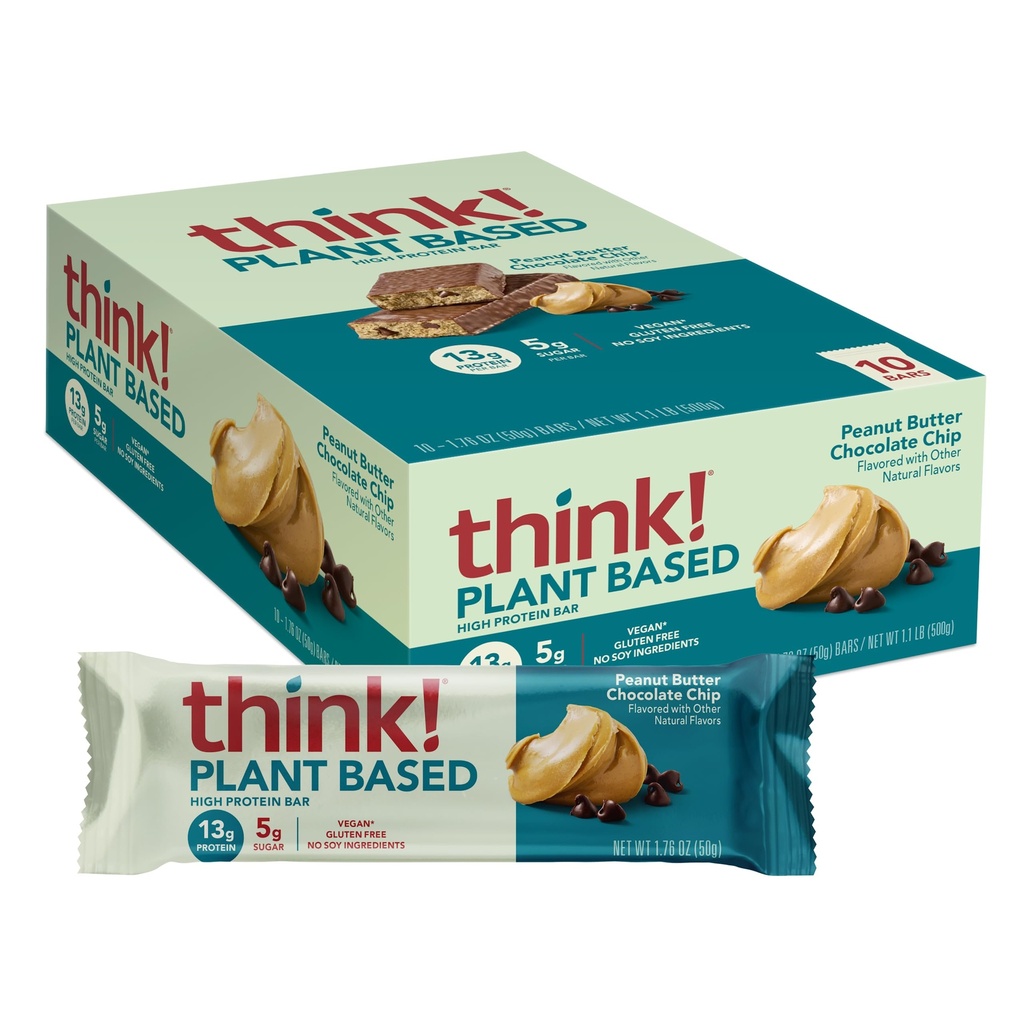 Pensa! Vegan/Plant Based High Protein Bars - Peanut Butter Chocolate Chip, 13g Protein, 5g Sugar, No Artificial Sweeteners, Non OGM Project verificato, 10 conte (Packaging May Vary)