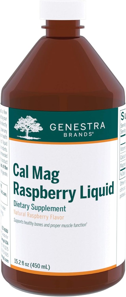 Genestra Brands Cal Mag Raspberry Liquid | Calcium e Magnesio Citrate Formula con vitamina D | 15.2 fl. oz.