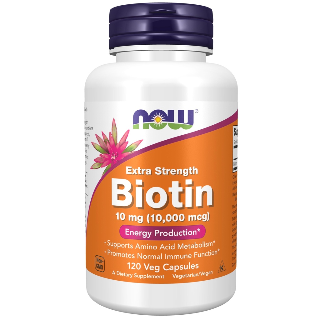 NOW Integratori Alimentari, Biotina 10 mg (10.000 mcg), Forza Extra, Produzione Energetica*, 120 capsule di Veg