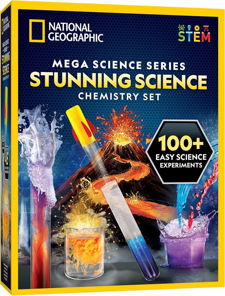 National Geographic Stunning Chemistry Set - Mega Science Kit con 45 Easy Experiments- Fai un vulcano e lanciare una razzola, progetti STEM per bambini età 8-12, giocattoli scientifici (esclusivi)