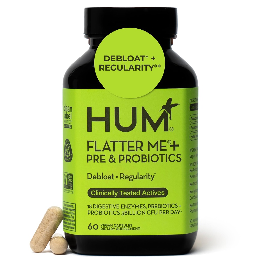 HUM Flatter Me Digestive Enzymes Plus Prebiotics & Probiotics, Digestive Health Bloating Supplemento per le donne e gli uomini, Pillole Anti Bloat Fast Acting Multi Enzyme per Debloating, Vegan, 60 capsule