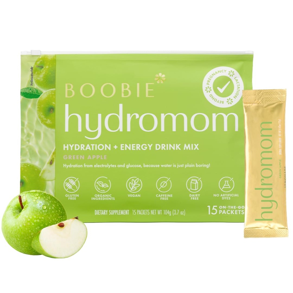 Boobie Hydromom Superfood Electrolyte Drink Mix, Green Apple | Rinfresco Energia & Idratazione Boost per Mamas | On-The-Go & Travel Essentials per Gravidanza, Lactation, & Beyond, 15 Packets