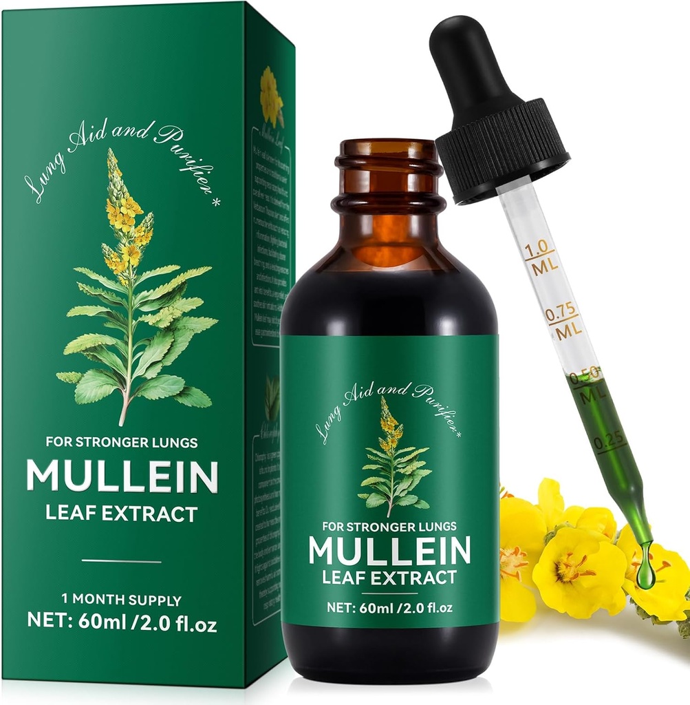 Gocce di Mullein per polmoni, gocce di tintura della foglia di Mullein | 2 fl oz | Estratto di foglie di Mullein per i polmoni Detox e Respiratory Lung Health, supporto per il respiratorio, supplemento naturale di erbe