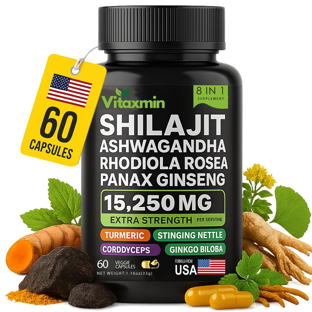 Shilajit e Ashwagandha Capsule, 8-in-1 Herbal Multivitamin per uomini e donne, con Rhodiola Rosea, Ginseng e Sting Nettle, Shilajit per uomini e donne