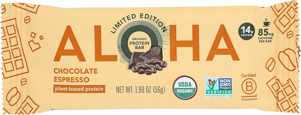 Aloha Organic Chocolate Espresso Protein Bars, 14g Plant-Based Protein, 85mg Caffeina, USDA Certified Organic, Gluten Free & Non-GMO, 1.98 Oz (Pack of 12)