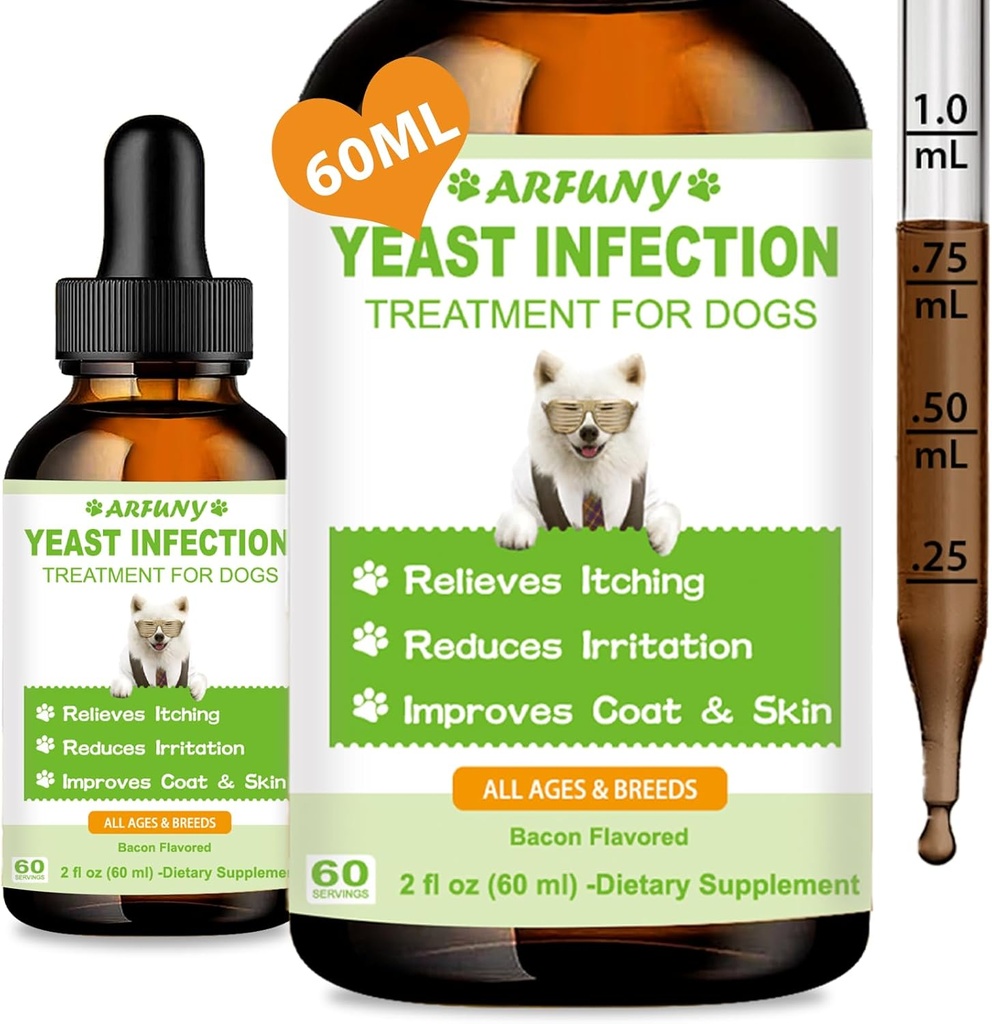 Trattamento naturale dell'infezione del lievito per cani | 60ML Supporta il sollievo sano dell'itch | Trattamento dell'infezione dell'orecchio del cane | Rilievo dell'infiammazione del cane, sollievo dell'allergia e sollievo della pelle | 2 fl oz, aroma di bacon