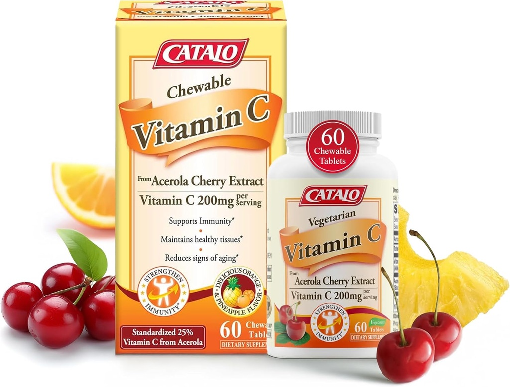 CATALO Vitamin C Formula - Acerola Cherry Extract, 200mg Vitamin C per Serving, Ringiovanimento della pelle, Produzione di collagene, Delicious Orange & Ananas Flavor, 60 compresse masticabili