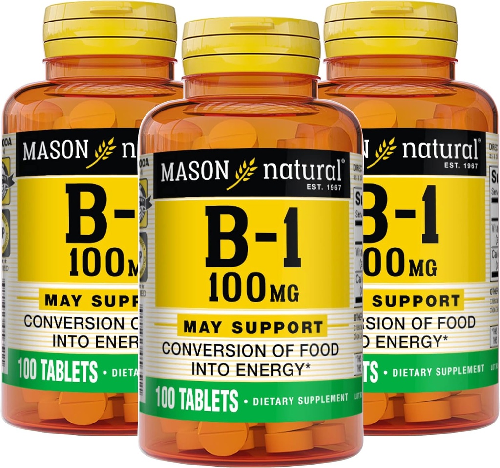 Mason Vitamina Naturale B1 (Thiamin) 100 mg, Conversione sana del cibo in energia, Supporta la Salute Nera e Immune, 100 compresse (Pack of 3)