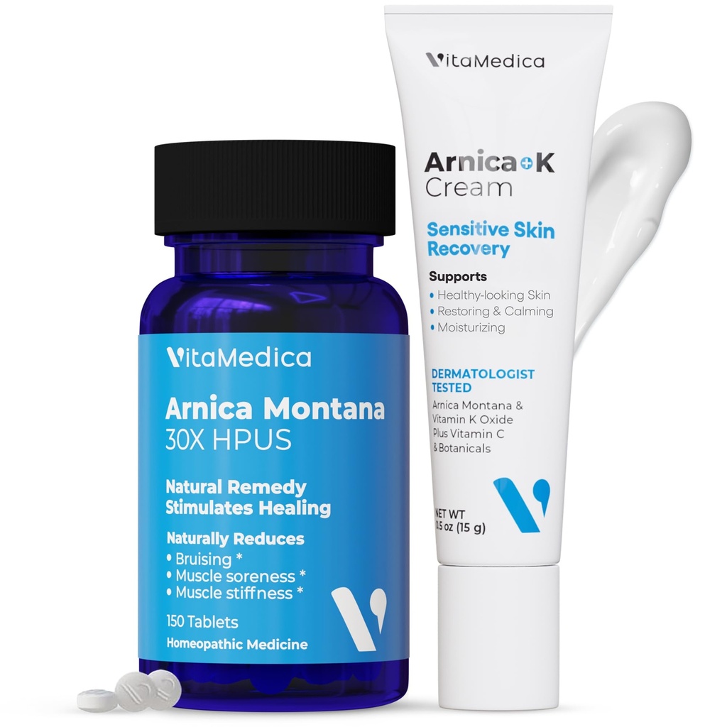 VitaMedica | Arnica Montana 30X & Arnica Crema Bundle | per Bruising, Gonfiore, Inflammation & Pain Relief | Vitamin K Topical Cream | Softens, Calms, Moisturizes, & Restores Bruised Skin | USA Made