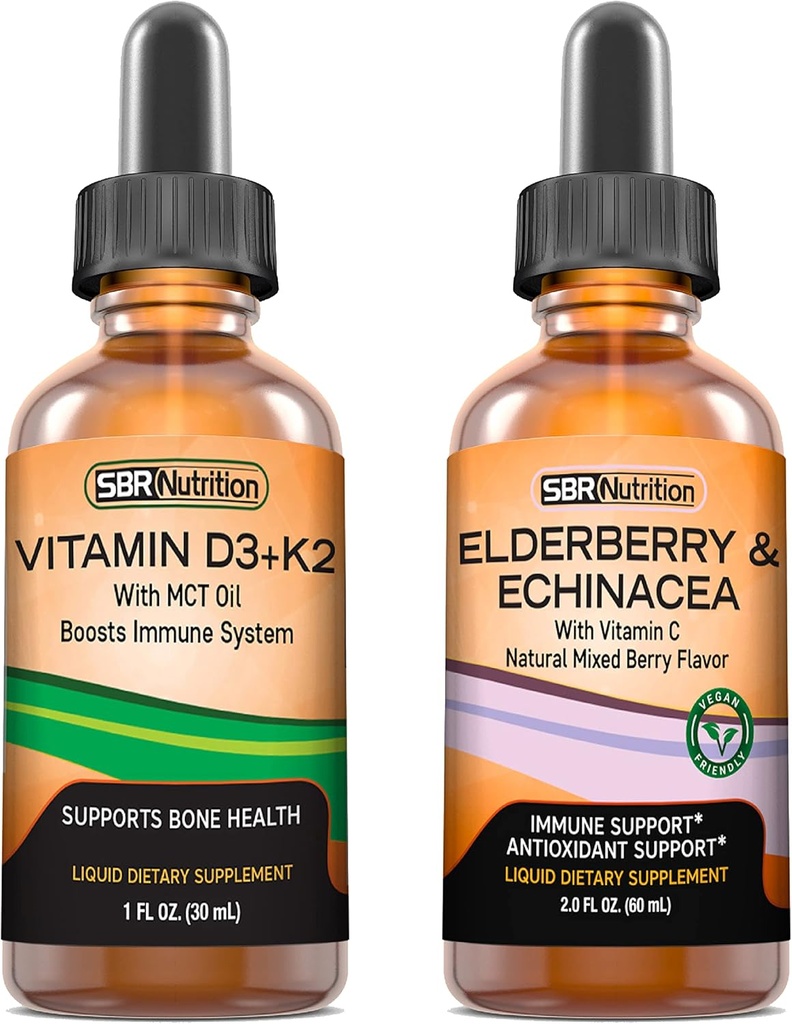 SBR Nutrition D3+K2 e Elderberry Bundle Vitamin D3K2 (MK7) Gocce liquide, Menta piperita, 1oz | Gocce liquide Elderberry & Echinacea & Vitamin C, 2oz | Adulti e bambini | Non OGM, Gluten Free