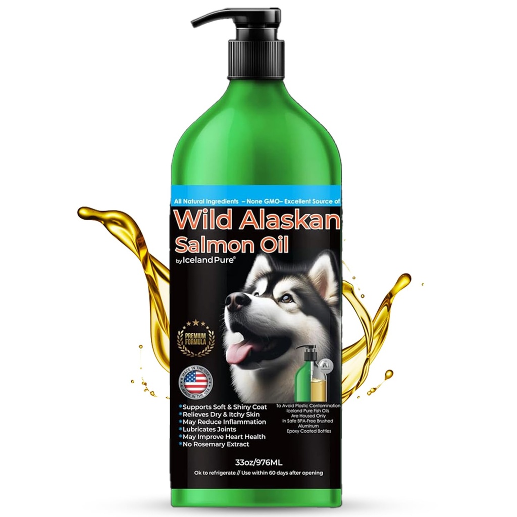 Islanda Pure Wild Alaskan Salmon olio per cani e gatti, Omega-3 Fish Oil, Supplemento liquido per gli animali, Supporta il sistema immunitario e la salute del cuore, 33oz