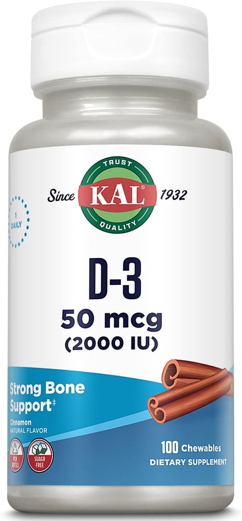 KAL Vitamina D3 Chewables 50 mcg, Vitamina D 2000 IU come Cholecalciferol, Sugar Free, Natural Cinnamon Flavor D3 Vitamina, Immune Support & Bone Salute, 100 Serve, 100 Chewables