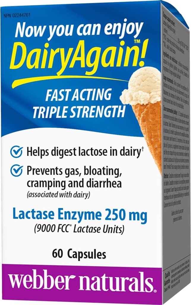 Webber Naturals Dairy Ancora una volta 250mg Lactase Enzyme Triple Strength, 60 capsule