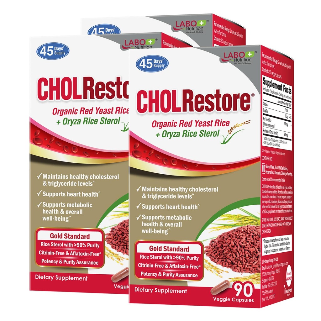 LABO Nutrition CHOLRestore – Riso di lievito rosso con Phytosterol Health Supplement, Supporta livelli di colesterolo sano, Citrinin & Aflatoxin Free, 90 Vege Capsule 3x3