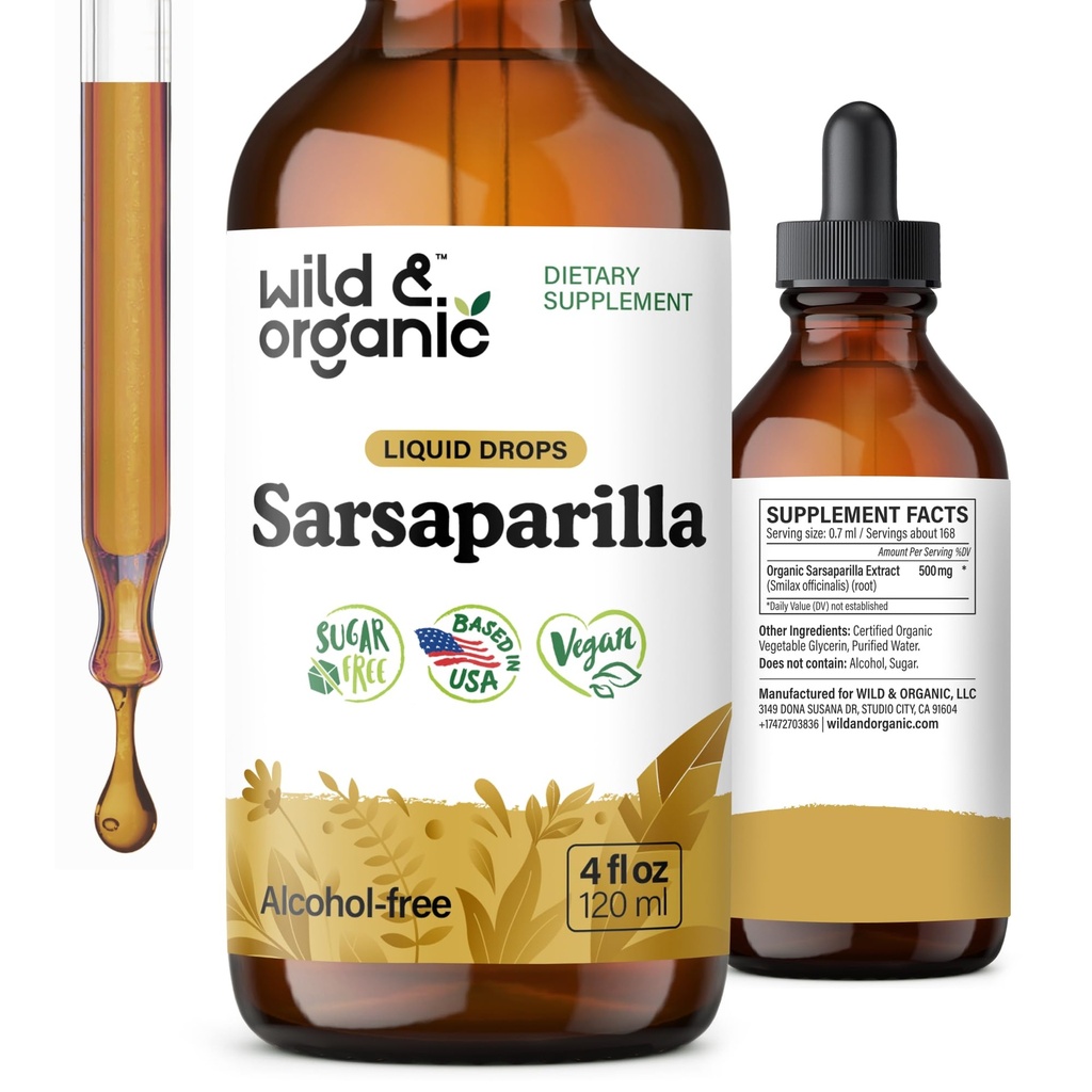 Wild & Organic Sarsaparilla Root Tincture - Supporto generale - Sarsaparilla Extract Supplement - Vegan, Sugar & Alcohol-Free Liquid Drops - 4 fl oz