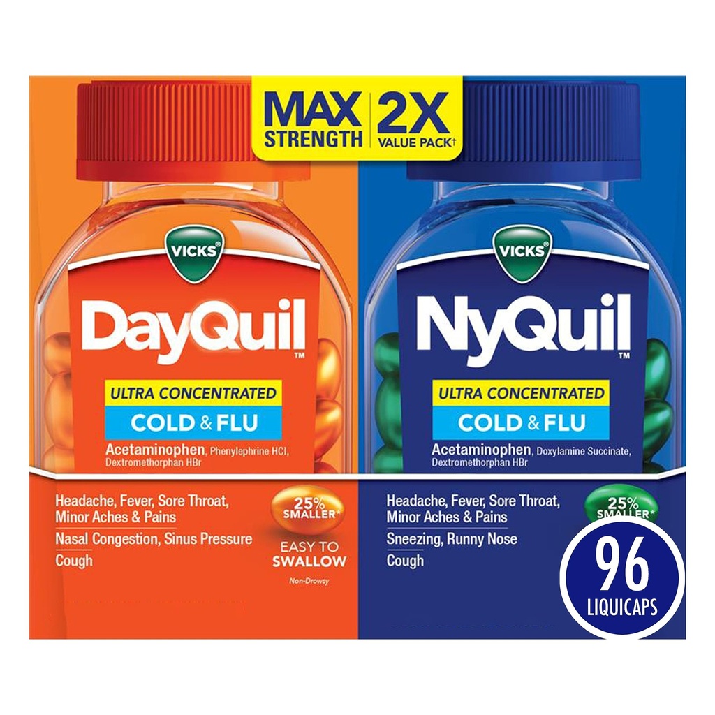 Vicks DayQuil & NyQuil Ultra Concentrated Liquicaps Co-Pack, Cold & Flu Medicine, Potente Multi-Symptom Daytime & Nighttime Relief per Headache, Fever, Sore Throat, Minor Aches & Pains, & Cough, 96ct