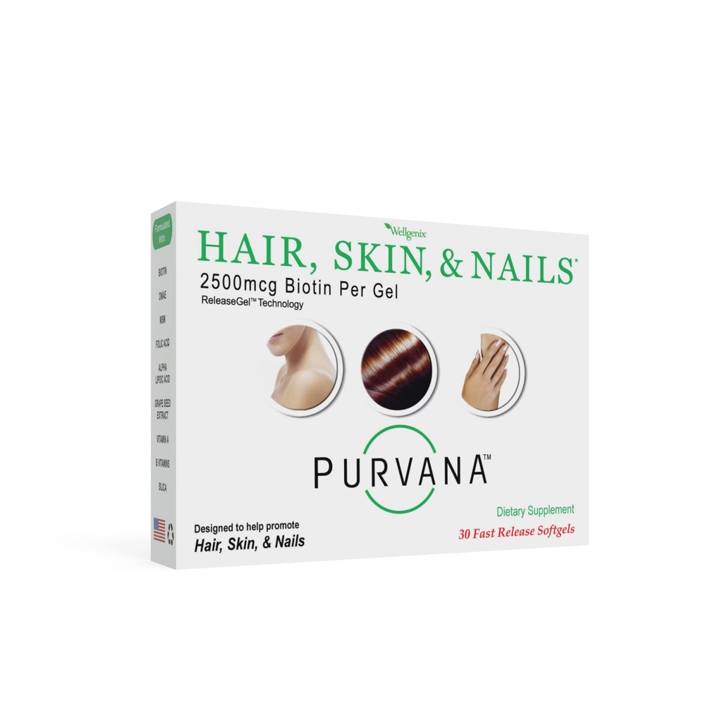 Wellgenix Purvana Hair, Skin e Nails Vitamin - 2500mcg Biotina, Acido Folico, DMAE, Estratto di semi di Uva - Un giorno Softgels - PCOS & Postpartum Hair Loss Support - (30 Conte)