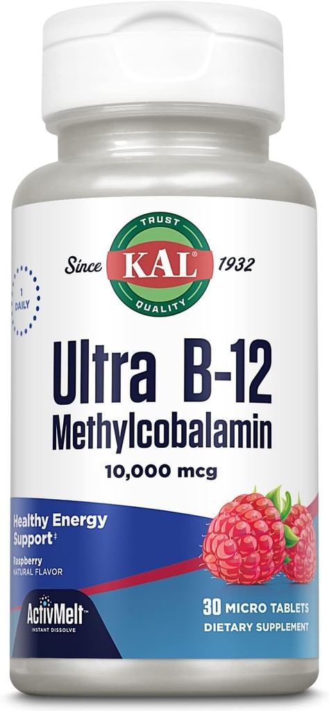 KAL Ultra B12 Methylcobalamin 10.000mcg, Alta potenza Vitamina B-12 per l'energia sana, Metabolismo, Nerve, Red Blood Cell Support, * Natural Raspberry Flavor, Vegetariano, 30 Micro Tablet, 30 Serve