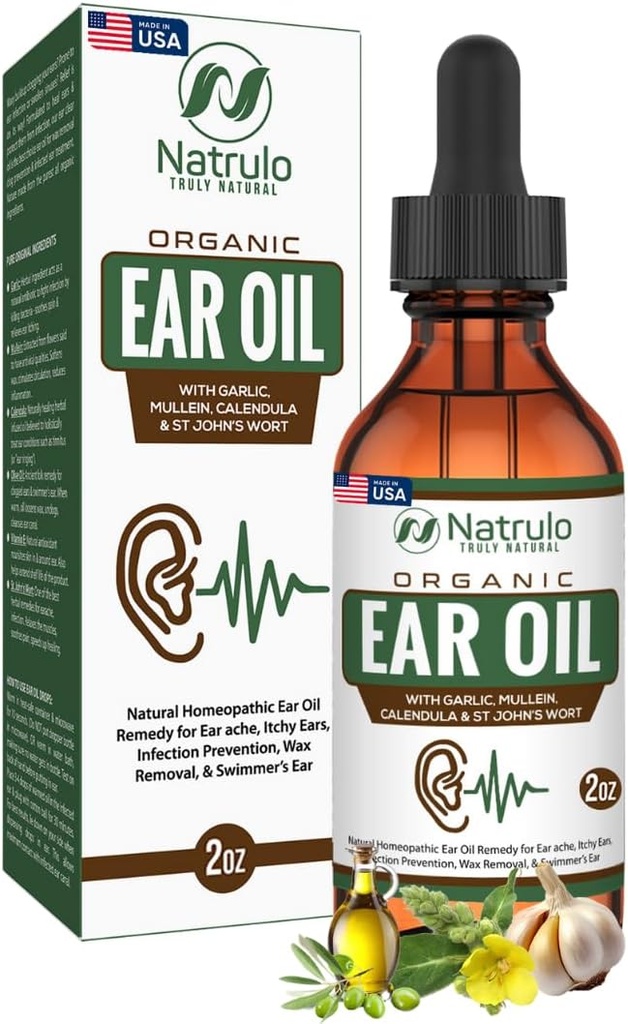 Olio per l'orecchio organico per l'infezione dell'orecchio - Gocce naturali per il dolore dell'orecchio, Rimozione dell'orecchio e della cera di Swimmer - Bambini, Adulti, Baby & Dog Earache Remedy - Gocce d'orecchio con Mullein, Aglio Made in USA
