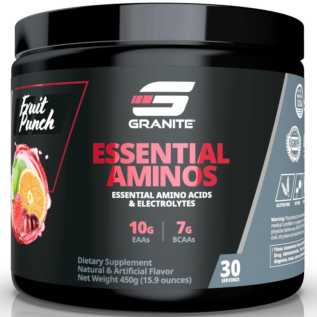 Polvere di aminoacidi essenziali di granito per il recupero e la crescita del muscolo con 10g EAAs e 7g BCAAs - Soy-Free, senza glutine, 448g (30 Servings), sapore di punzonatura di frutta