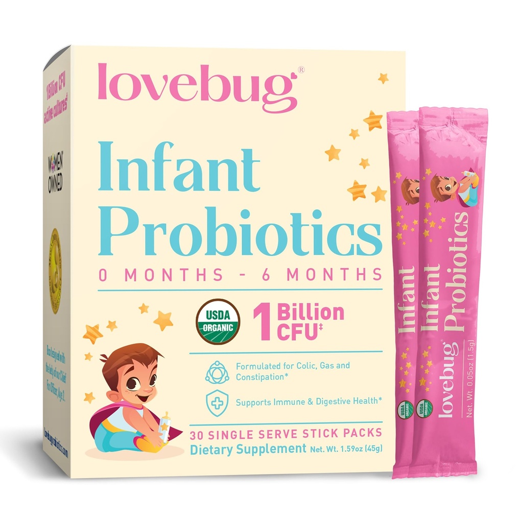 LOVEBUG Infant Probiotici 0-6 Mesi - Probiotici organici USDA per i bambini, Supporti Baby Gas, Colic, Diarrea e Rilievo di costipazione neonato, Allergeni & Sugar Free, Polvere senza gusto, 30 Pack