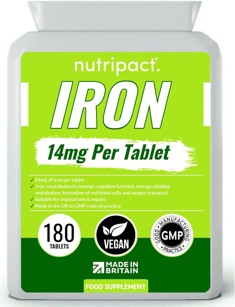 Iron Tablets 14mg - Facile da ingoiare una-a-Day Formula - Aiuta a ridurre la stanchezza e la fatica, Energy Booster, Supporta il sistema immunitario, Formazione di globuli rossi - 6 mesi di alimentazione - 180 Vegan supplemento