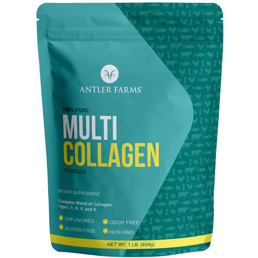 Antler Farms - Multi Collagen Protein Powder - 5 tipi (I, II, III, V e X) 100% puro Peptidi di collagene idrolizzato per uomini e donne - Biodisponibile, Assorbimento Rapido - Non aromatizzato - 1 lb