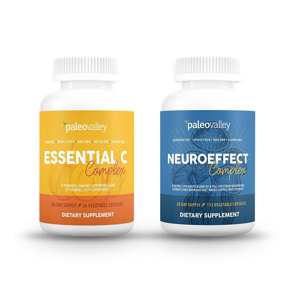 Paleovalle NeuroEffect + Essential C Complex Bundle - Neuro Mushroom Coffee Extract, Vitamin C Supplemento 450g Focus, Memoria, Energia, Supporto immunitario, Superfood organici