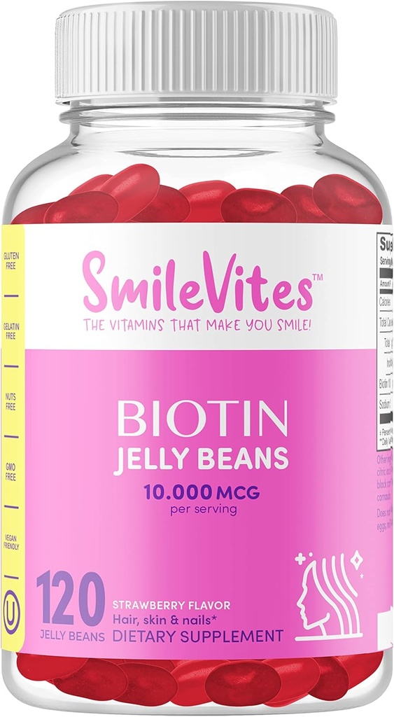 Heartland Pharma Biotin 10.000 MGC Jelly Beans | Hair, Skin & Nails Support | Vegan, Gluten-Free, Non OGM & Kosher Friendly | Strawberry Flavor | 120 Count