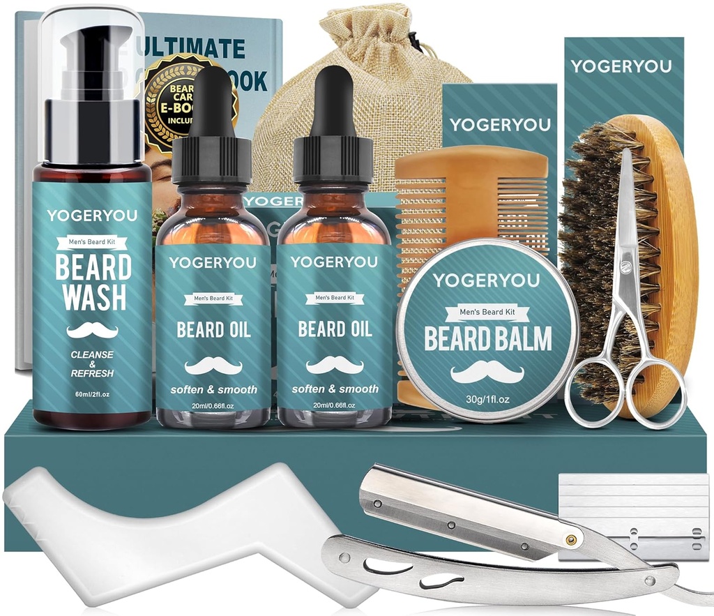 Kit di barba, Kit da toilette per uomo W/Straight Razor,2 PACK Beard olio, Lavare, Balm, Spazzola, Pettini, Forbici regalo di Natale di compleanno per gli uomini Boyfriend Husband Beard Trimming Shaving Kit