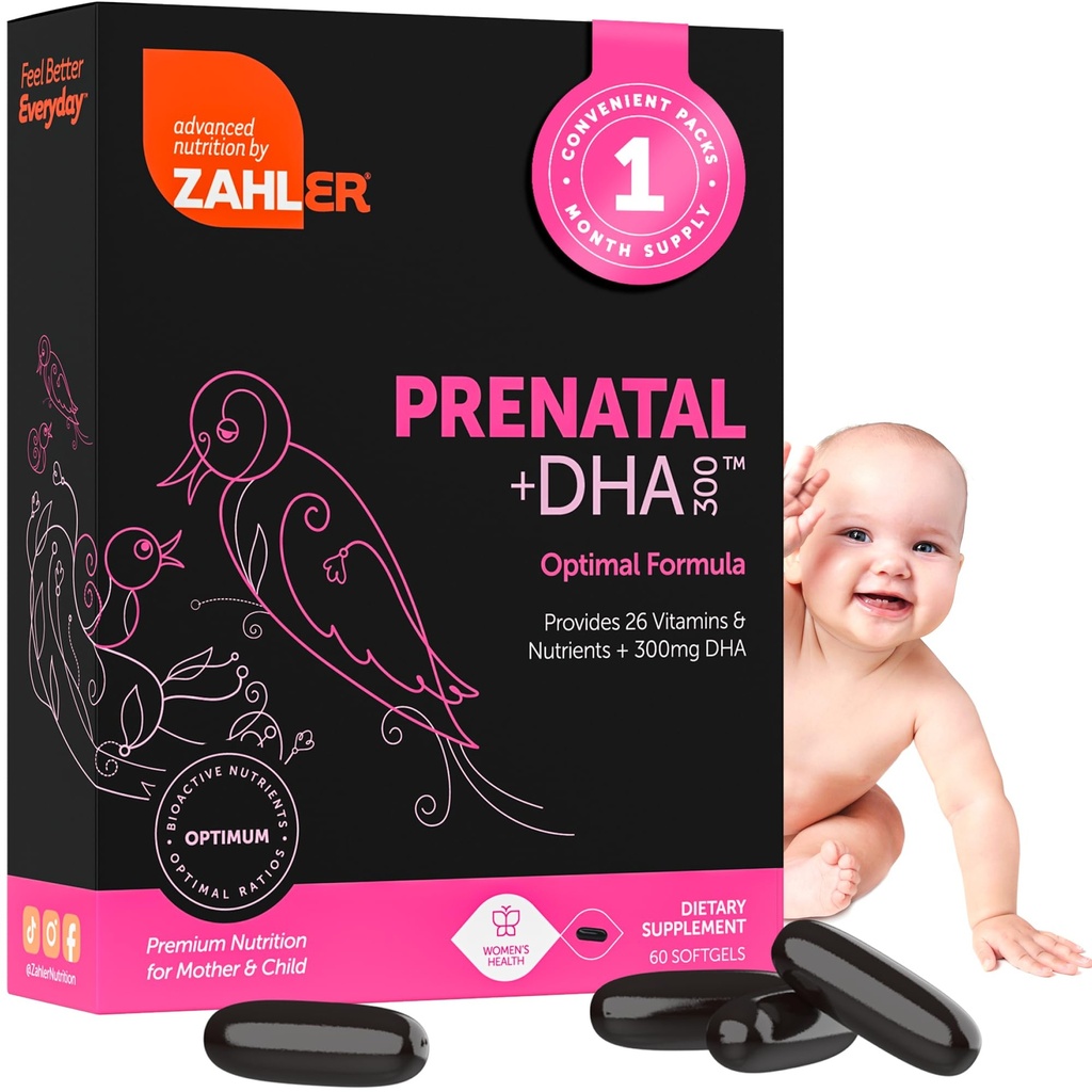 Vitamina Prenatale Zahler con DHA & Folate - Integratori DHA e Multivitamina Prenatale per Madre e Bambino - Vitamine Prenatali DHA Prenatali Kosher con Ferro, Pre Natal Softgels 60 Conte