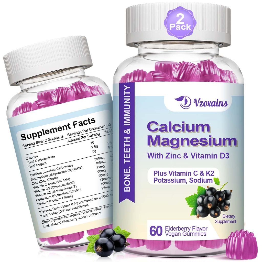 Gummie di calcio ad alto assorbimento, Supplemento di magnesio senza zucchero al calcio con vitamina D3 di potassio per la forza di B0ne & denti, Funzione muscolare - Vegan, aroma di sambuco 120 Cts