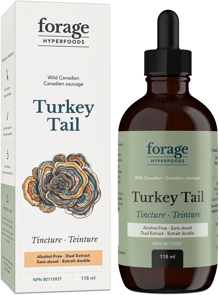 Forage Hyperfoods- Alcohol-Free Canadian Tail Mushroom Superfood Liquid Supplemento Tintura, Vegan, Non OGM, Immune System e Gut Health Support, 118ML