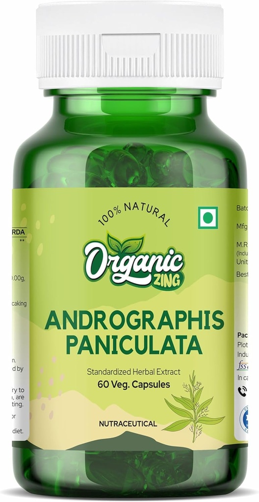 Integratore di Andrographolide ZING Organico - Estratto da Andrographis paniculata - Vegan & Gluten-Free - 60 capsule, 400mg Ogni