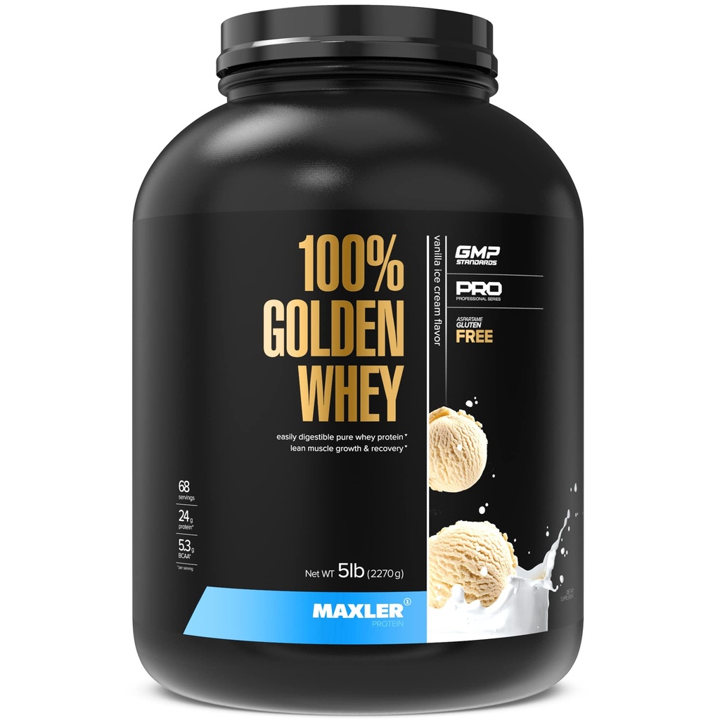 Maxler 100% Golden Whey Protein - 24g di proteine per porzione - Premium Whey Protein Powder per pre post allenamento - Fast-Absorbing Whey Concentrate, Isolate & Hydrolysate Blend - Vanilla Ice Cream 5 lb