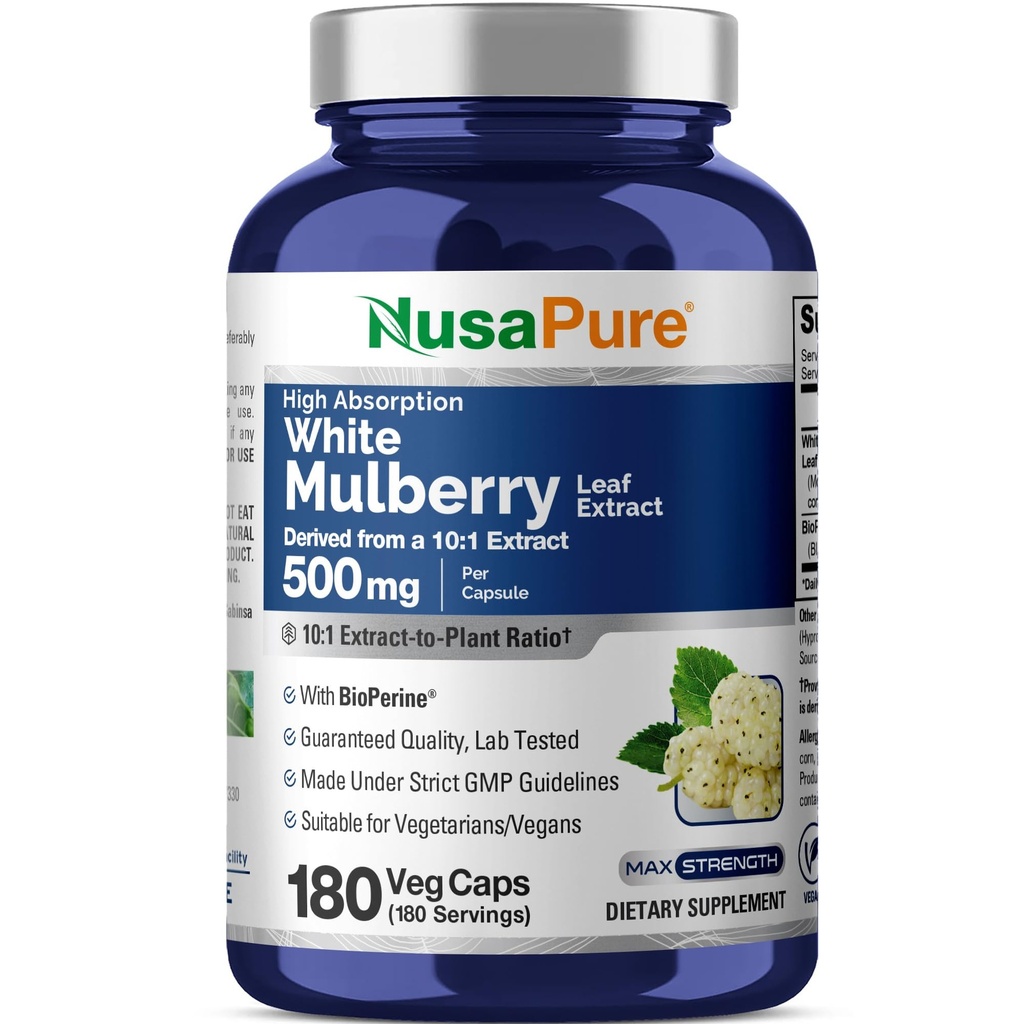 Estratto di foglie di gelso bianco di NusaPure 10:1, 500 mg Equivalente a 5000mg 180 Caps di veg (Vegan, Non OGM Bioperine)