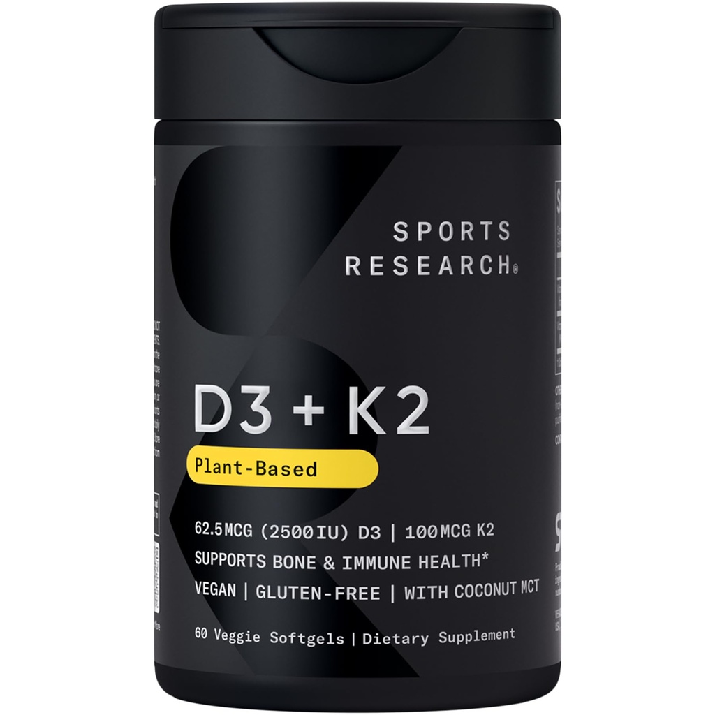 Ricerca sportiva® Vitamina D3 + K2 w/Coconut olio - Vegan Vitamina D 2500iu (62.5mcg) & Mk7 Vitamina K 100mcg per Bone & Supporto Immune - Vegan Certificato · Non OGM · Soy Free - 60 Softgels