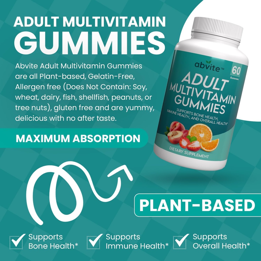 Gummie multivitaminiche a base vegetale, Multivitaminici giornalieri per uomini e donne con vitamine A, C, D, E, B-3, B-6, B-12, Biotina, inositolo, Non OGM, Gluten Free, 60 Conte (30 giorni di alimentazione)
