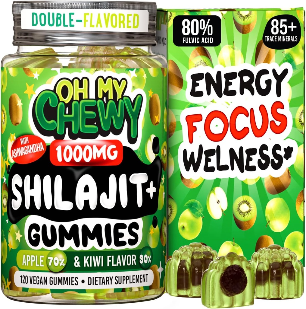 Pure Himalayan Shilajit Gummies - High Potency Gold Grade Resina - Energy Boost e Supporto Immune per Uomini e Donne con Ashwagandha e Shatavari - 120 Gummy - Apple & Kiwi