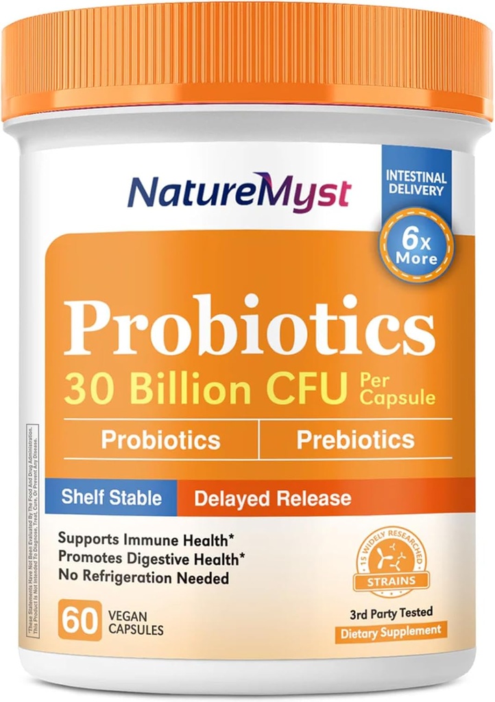 Probiotici, 30 miliardi di CFU, 15 Stin, con Prebiotici per Uomini e Donne, Salute Gut, Supporto Immune & Digestivo, Scaffale stabile, Rilascio ritardato, 60 Vegan Caps