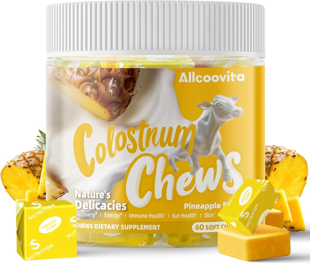 Bovine Colostrum Chews Supplemento con probiotici per la salute del fegato, Bloating, supporto immunitario, pelle, crescita dei capelli e bellezza - Ananas Flavor (60 Serve)