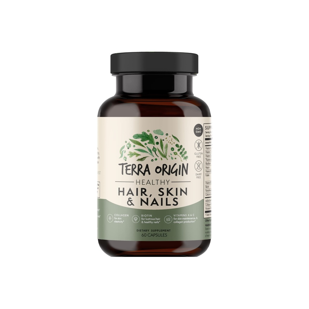 TERRA ORIGIN Sani capelli, pelle e chiodi Supplemento | Collagene, biotina, coda di cavallo e B-Complex | Supporta la resistenza dei capelli, elasticità della pelle e crescita delle unghie | Vitamine per le donne e gli uomini | 60 capsule