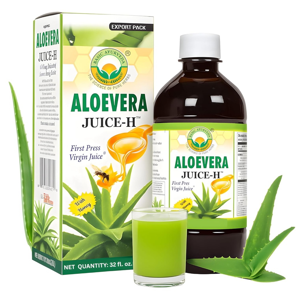 BASIC AYURVEDA Aloe Vera Juice con miele 32.46 Fl Oz (960ml) | Supporta la salute digestiva, l'idratazione e il benessere della pelle | Succo di erbe pressato a freddo | Cleanse naturale | Non Aggiunto Zucchero