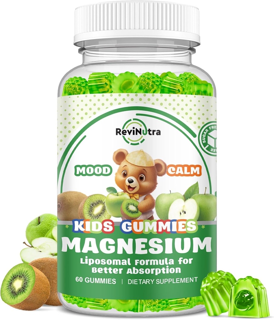 Liposomal Kids Magnesio Gummies- Magnesio Glycinate Gummies per bambini Supplement-w/Omega-3, Vitamina B6, D3- Supporto Calma Stress Relief, Bones, Mood, Green Apple & Kiwi Flavor, 60 Conte