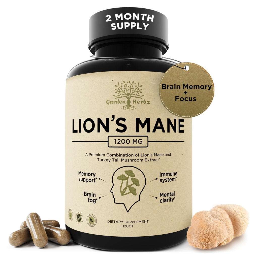 Leoni Mane Supplemento capsule con tacchino Tail – Nootropic Brain Fog, Focus, Memoria, Funzione Neve, & Integratore di Supporto Immune – Non OGM 1200 Mg Lions Mane Mushroom Supplement, 120 Caps.