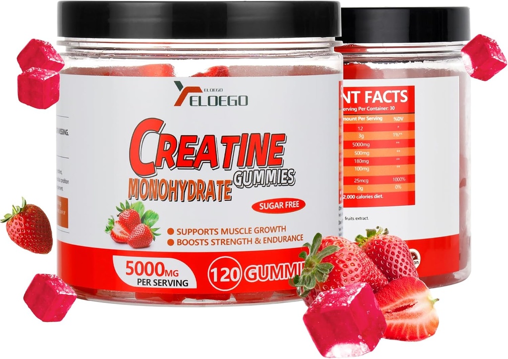 Creatina Monoidrato Gummies 5000mg Zucchero gratuito per gli uomini e le donne, con L-Taurine + Vitamina B12 per la resistenza muscolare, Muscle Builder, Energy Boost, Pre-allenamento supplemento, Fragola, 120 Conte