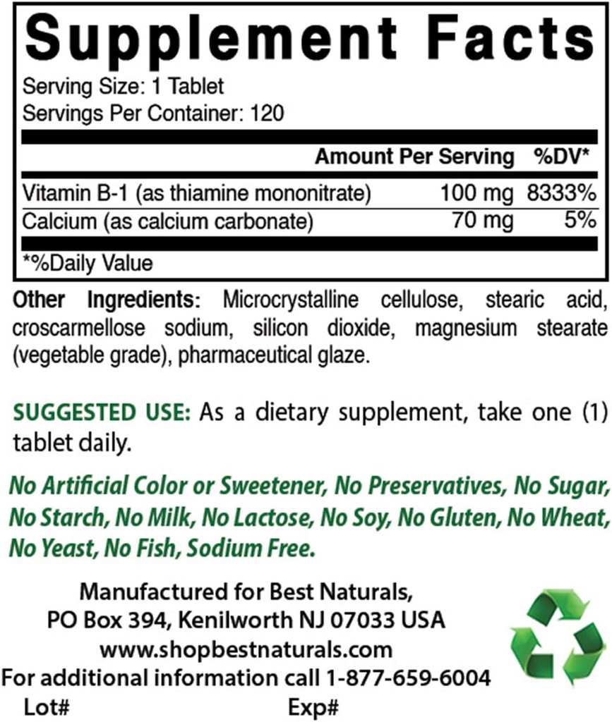 Best Naturals Vitamina B1 come Thiamine Mononitrate 100 mg & Vitamina B-6 25 Mg