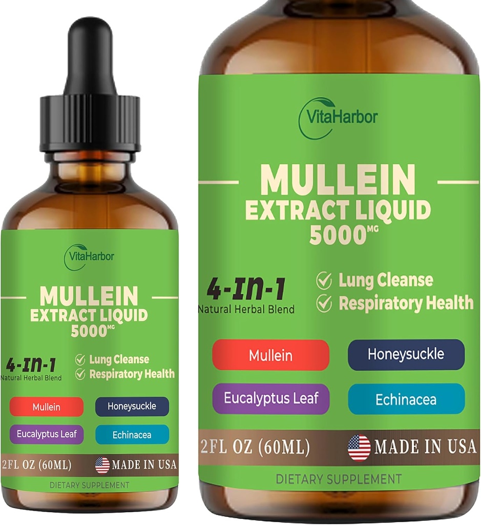 4-in-1 Gocce di Mullein per polmoni, foglie di Mullein Organico & Honeysuckle & Eucalyptus Leaf & Echinacea Extracts, per Cleanse polmonare, supporto immunitario e respiratorio, senza zucchero | Non-GMO | Vegan, 2 Fl oz