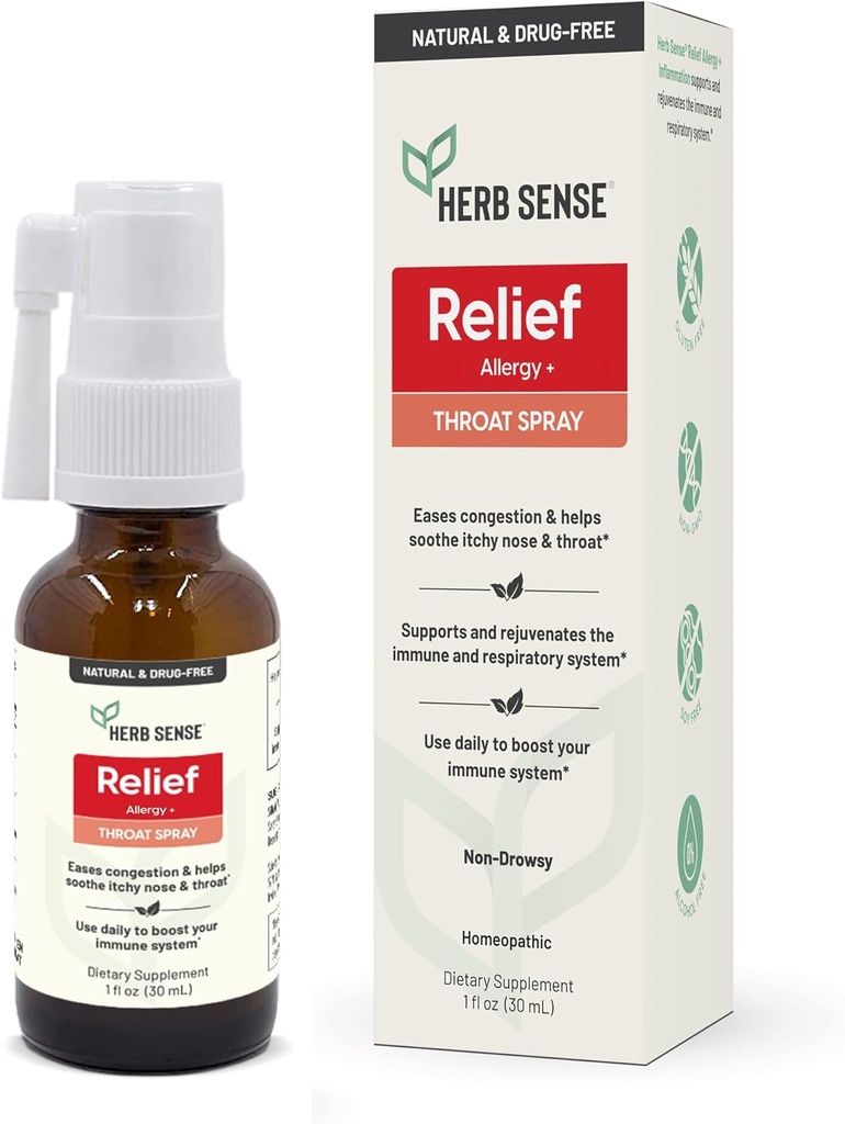 Herb Sense Allergy Relief, Throat Spray, Cooling & Soothing, Supporto giornaliero, Droga-Free, Naturale, Supporto immunitario, 1 oz, Senza glutine, Non OGM