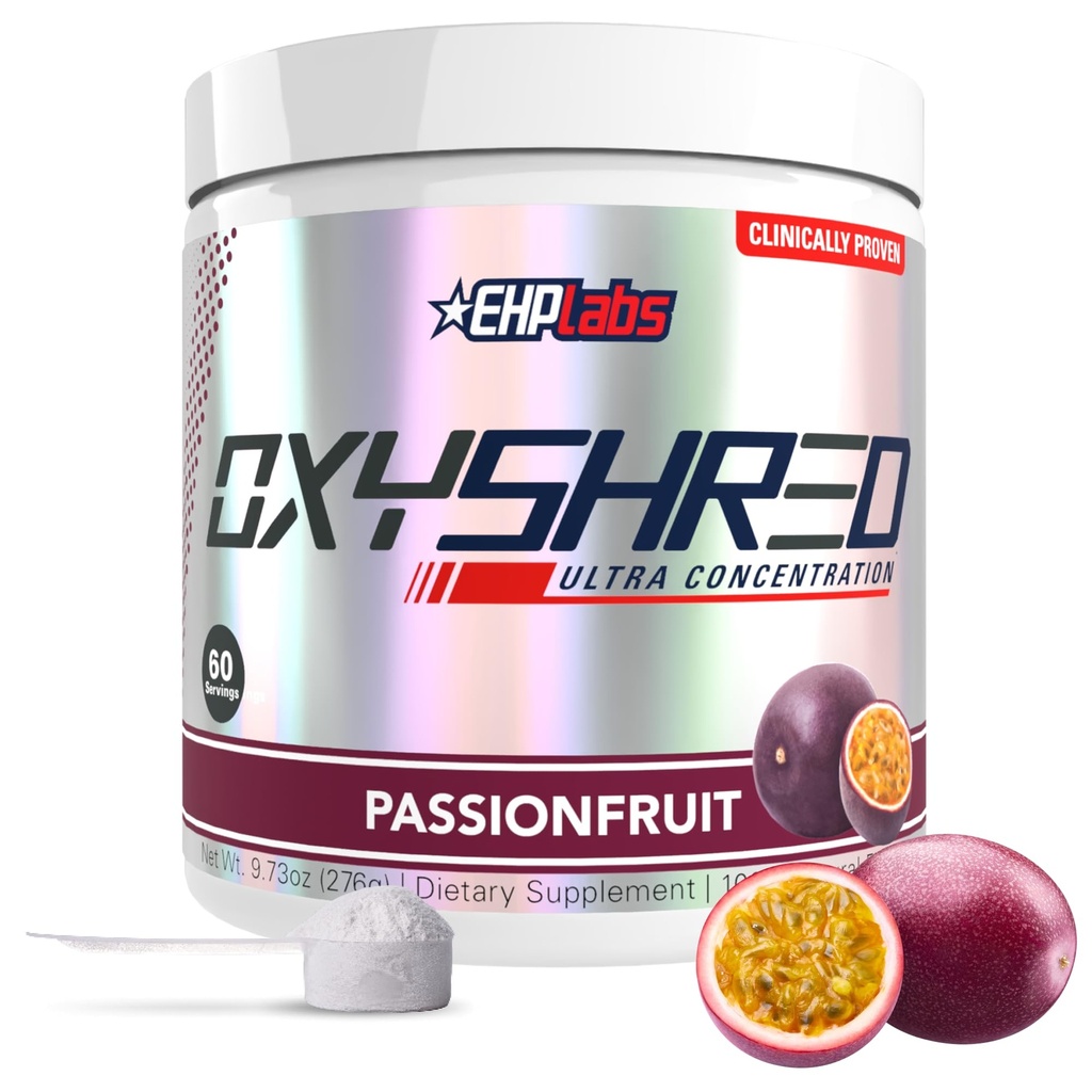 EHP Labs OxyShred Pre Workout Powder & Shredding Supplement - Preworkout Powder with L Glutamine & Acetyl L Carnitina, Energy Boost Drink - Passionfruit, 60 Serve